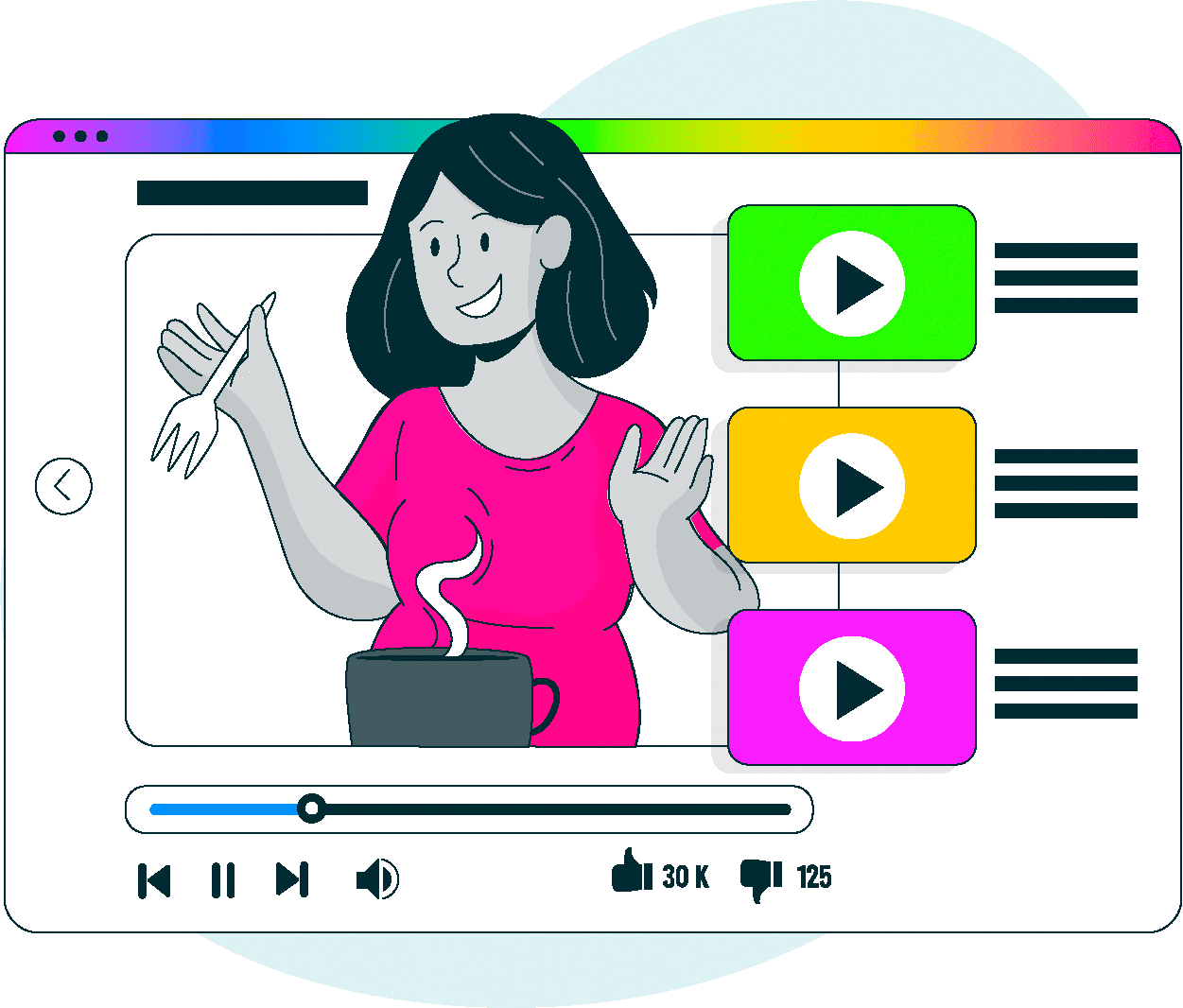 Ilustração de uma mulher dentro do quadro de um vídeo em uma página de navegador